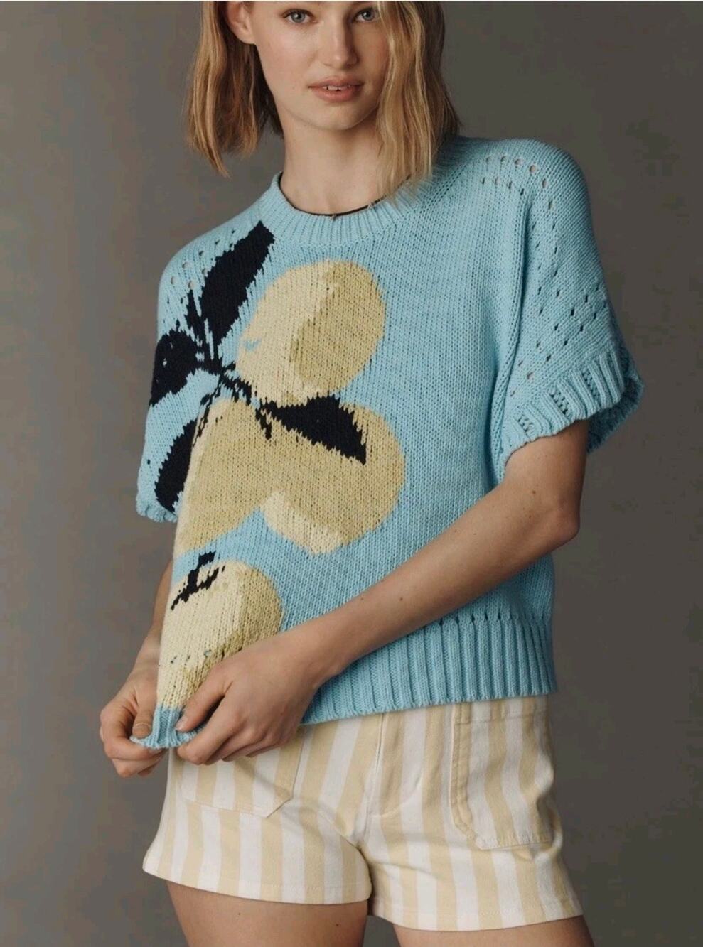 NWT Maeve Short-Sleeve Crew-Neck Veggie Motif Graphic Sweater. Size M. Ret. $128